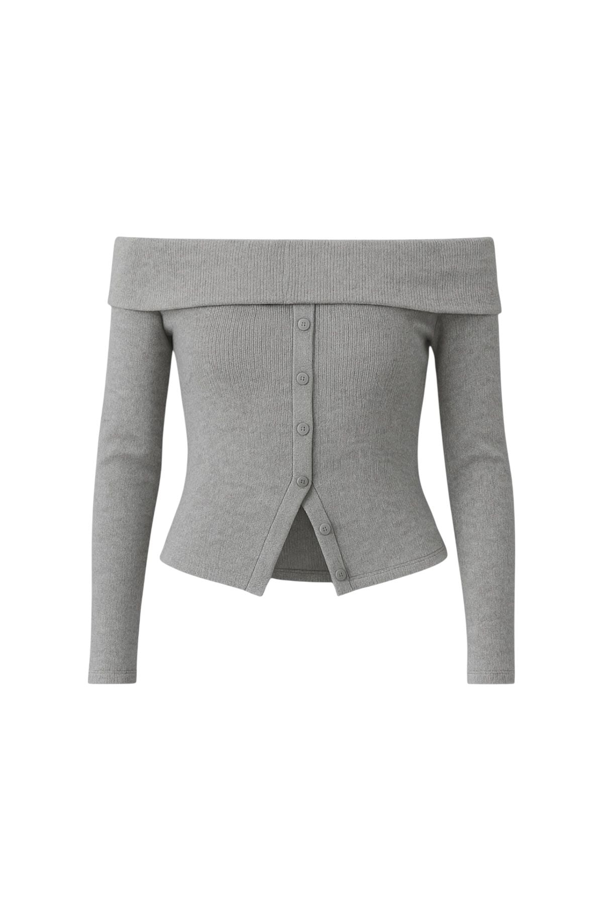 Grey Düğmeli Kayık Yaka Bluz