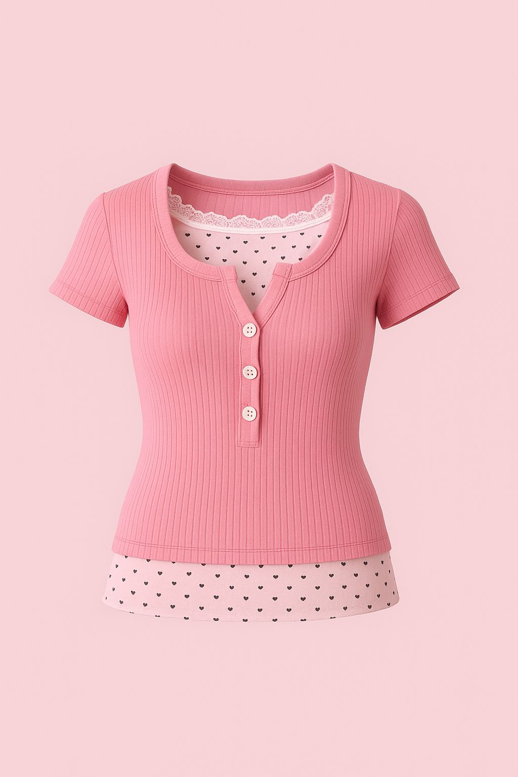 Pink Düğmeli Ek Parçalı Kısa Kol Bluz