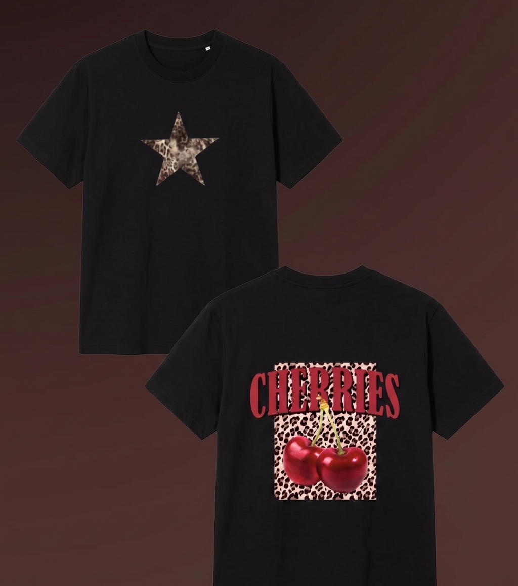 Black Sırt Leopard Cherries T-shirt