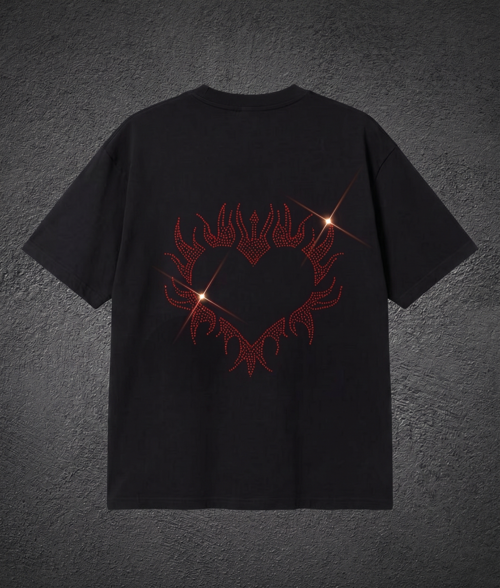 Black Taşlı Red Heart T-shirt