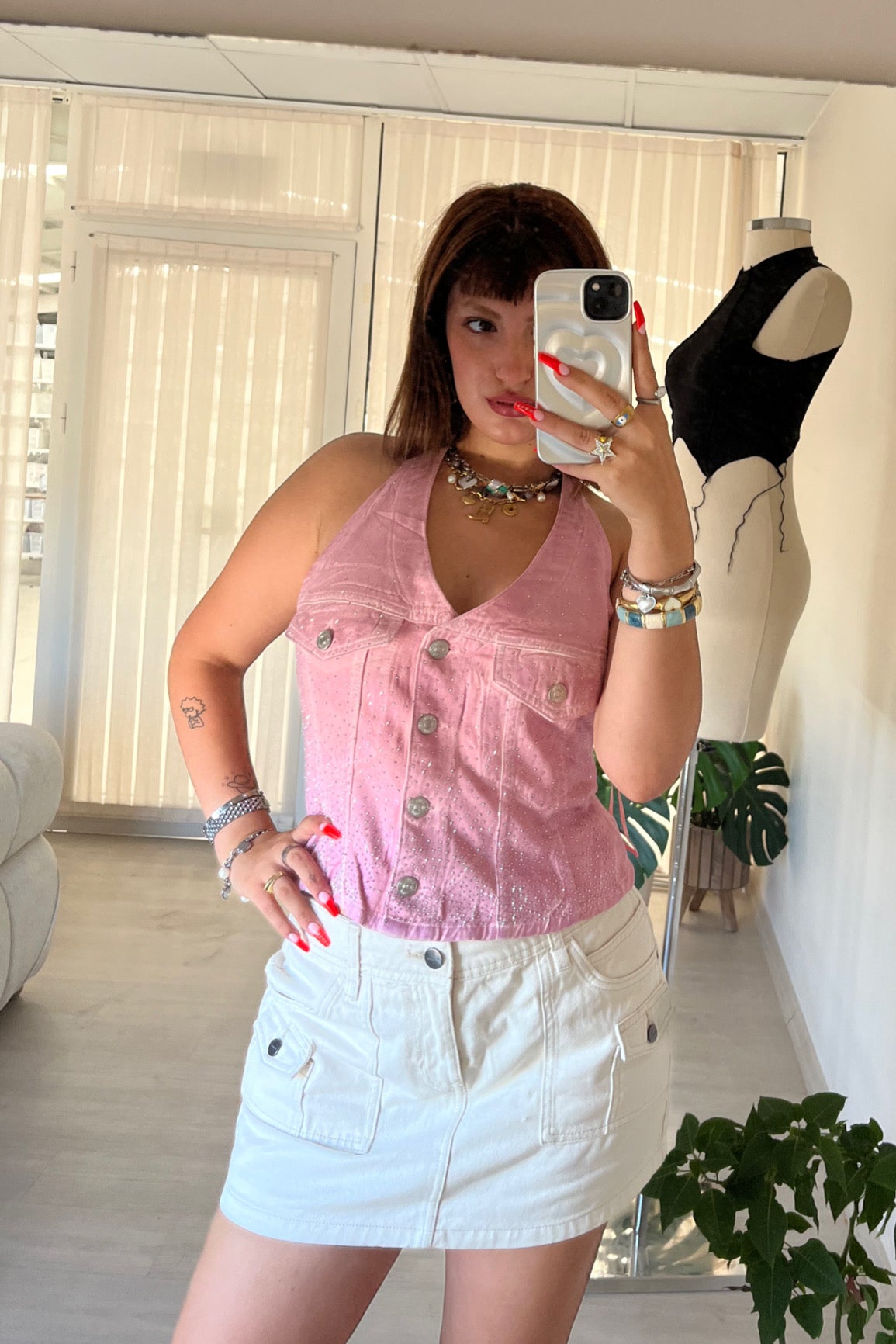 Pink Taş İşlemeli Kot Yelek