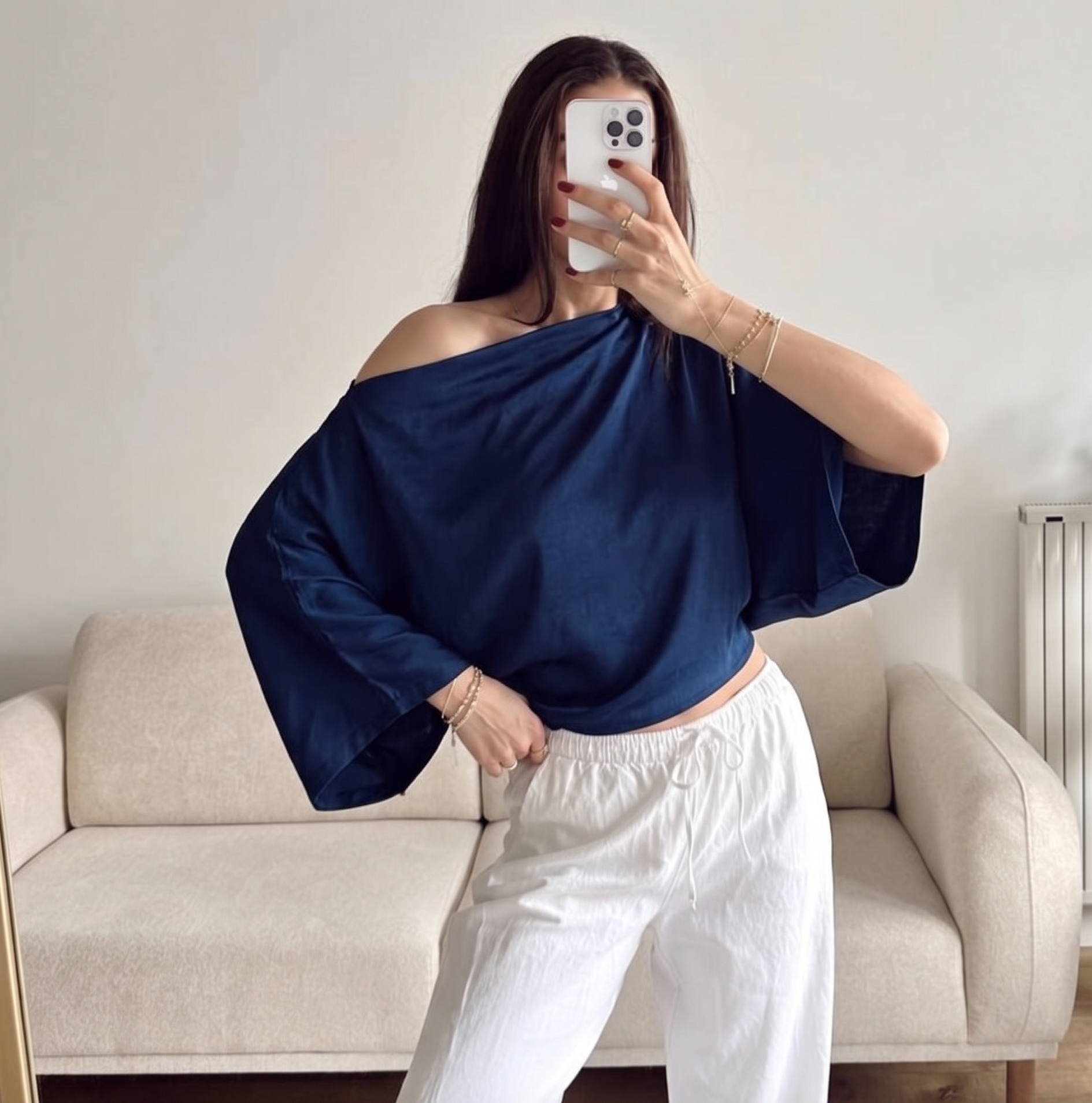 Navy Blue Yarasa Kol Salaş Bluz
