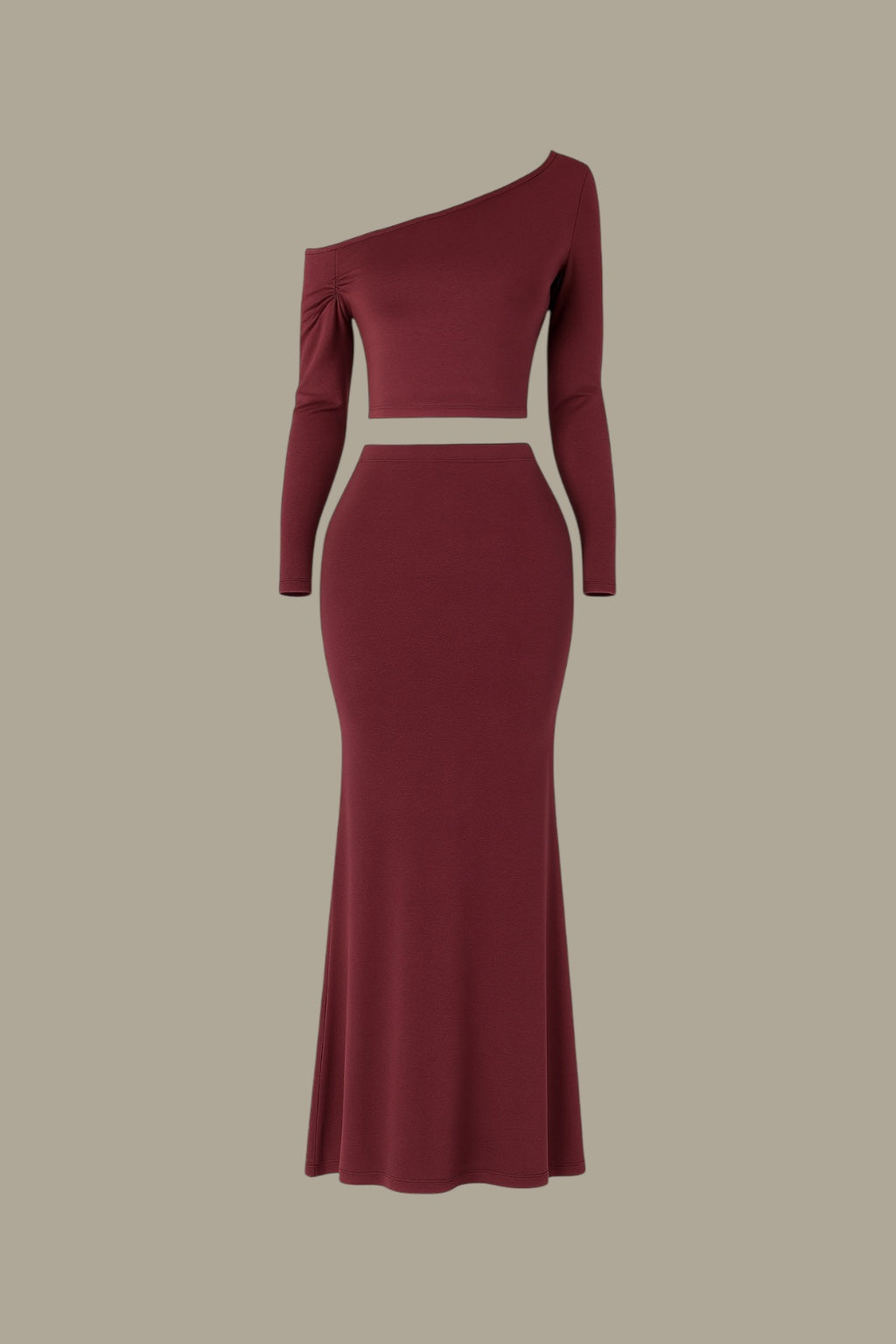 Bordo Kolu Büzgülü Bluz Etek Takım