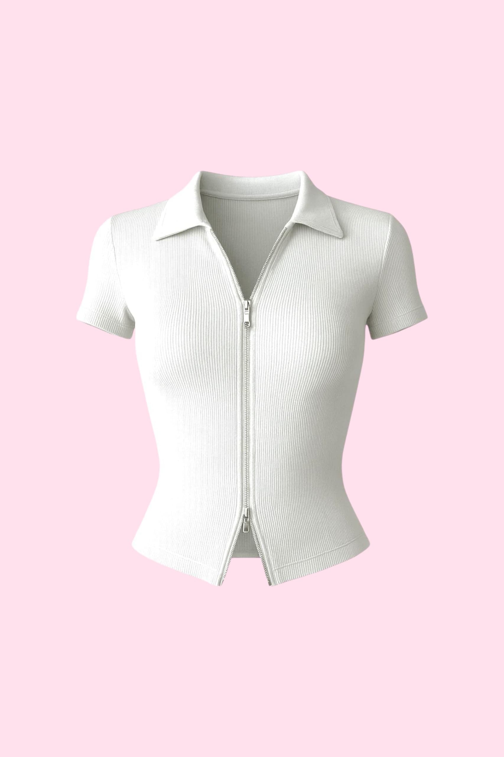 White Polo Yaka Önden Fermuarlı Bluz