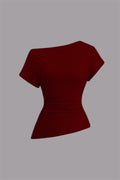 Burgundy Kayık Yaka Asimetrik Bluz