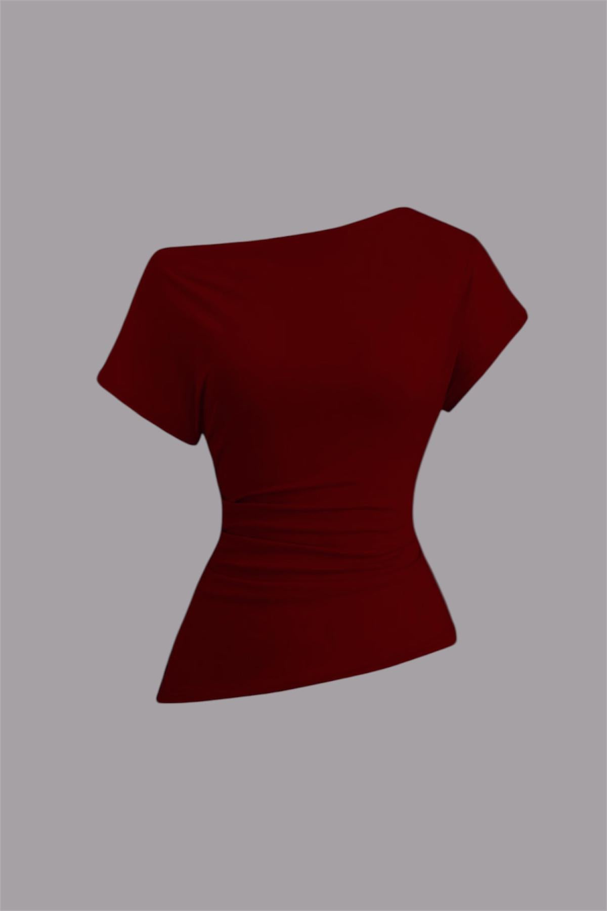 Burgundy Kayık Yaka Asimetrik Bluz