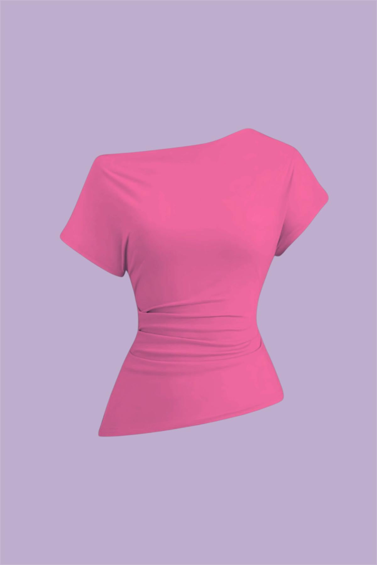 Pink Kayık Yaka Asimetrik Bluz