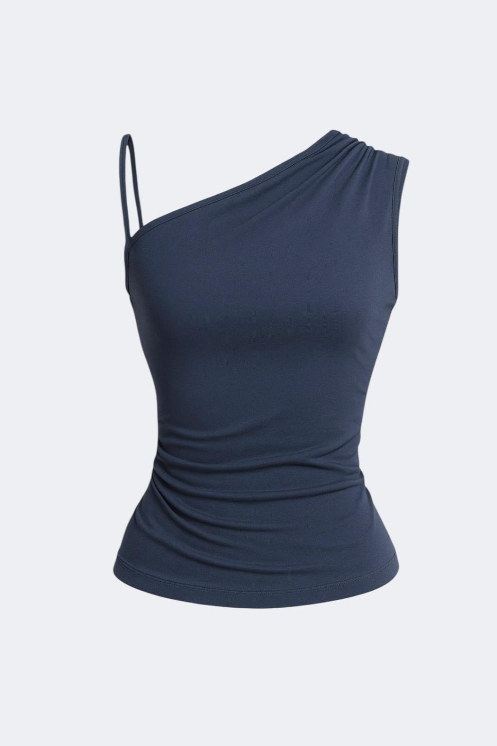 Navy Blue Tek Askılı Drapeli Bluz
