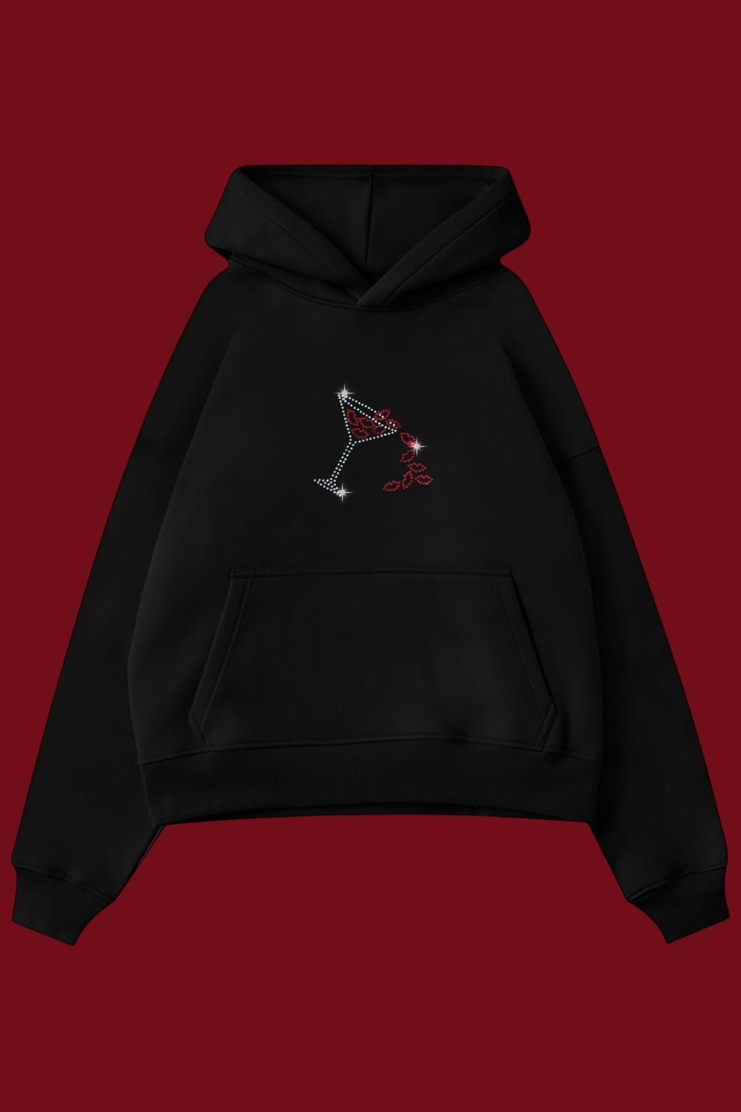 Black Kiss Martini Taşlı Sweatshirt