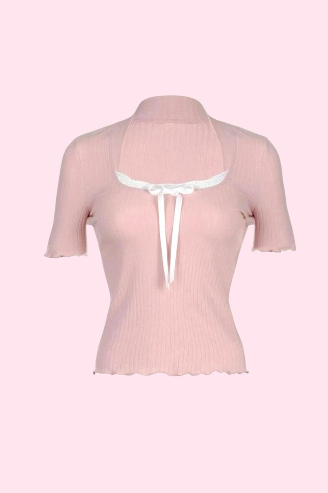 Pink Dantelli Kısa Kollu Bluz