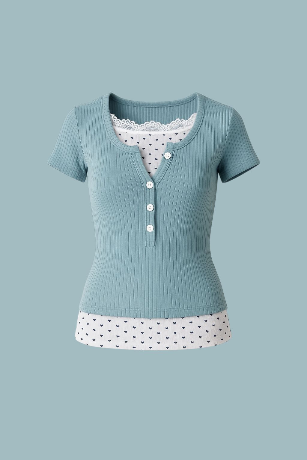 Blue Düğmeli Ek Parçalı Kısa Kol Bluz