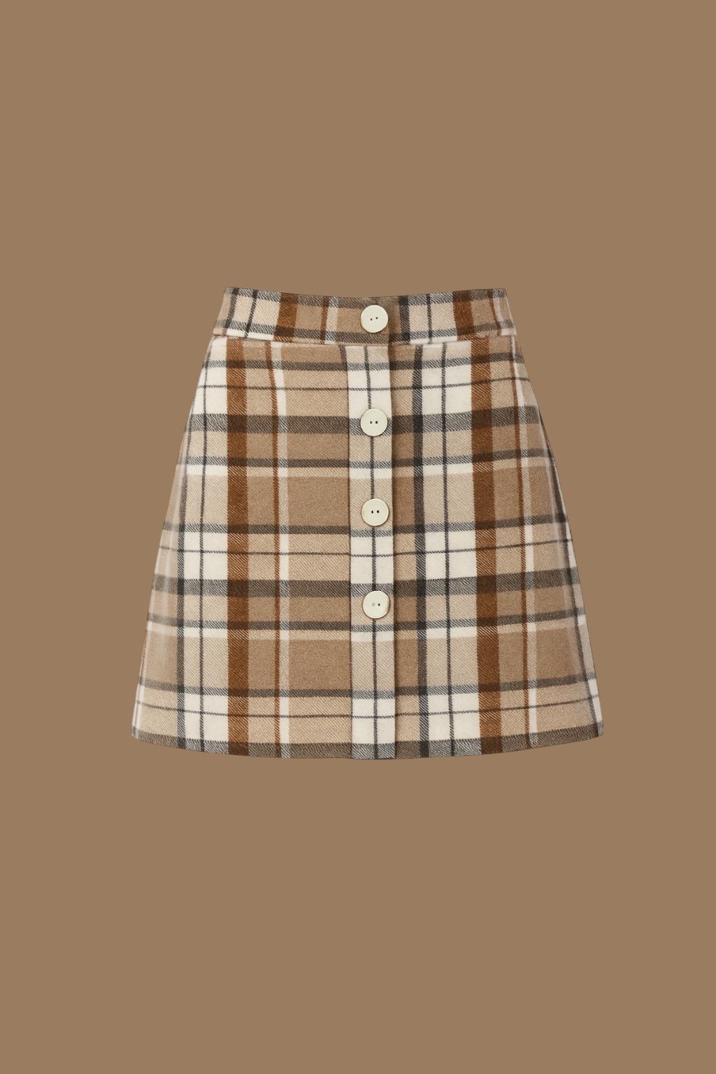 Brown Ekose Düğmeli Mini Etek