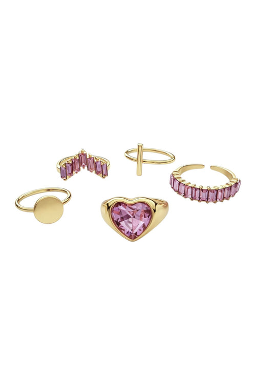 5li Gold Pink Heart Taşlı Yüzük Seti
