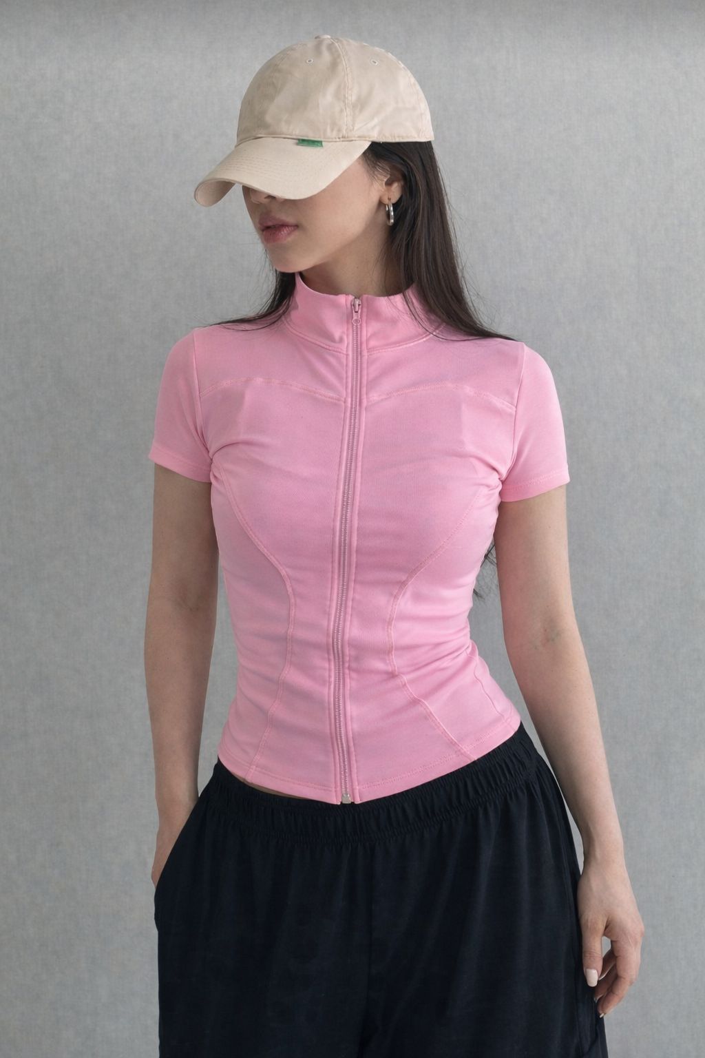 Pink Kısa Kollu Fermuarlı Bluz