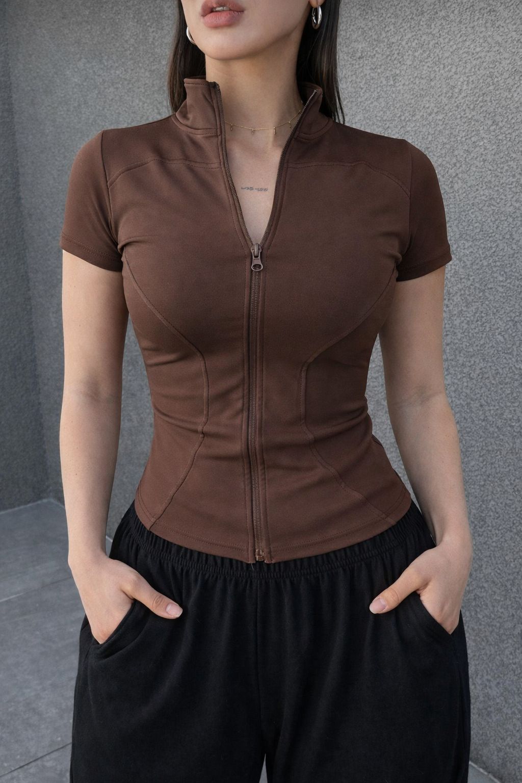 Brown Kısa Kollu Fermuaarlı Bluz